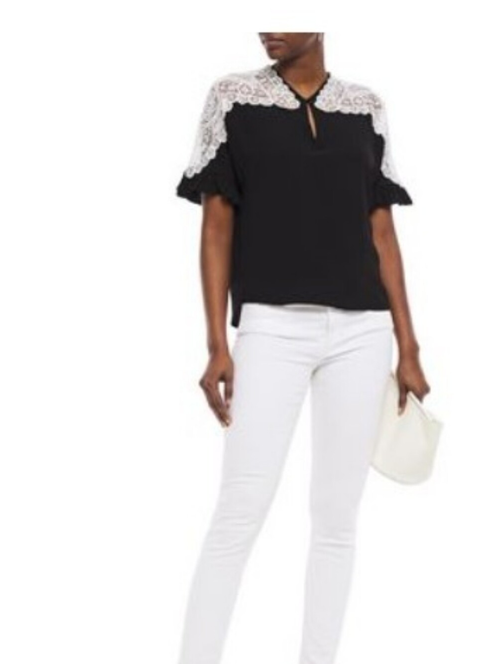 Sandro Paris Gwenala Lace Panel Crepe Blouse Black Ivory Ruffle Sleeve 2 US M